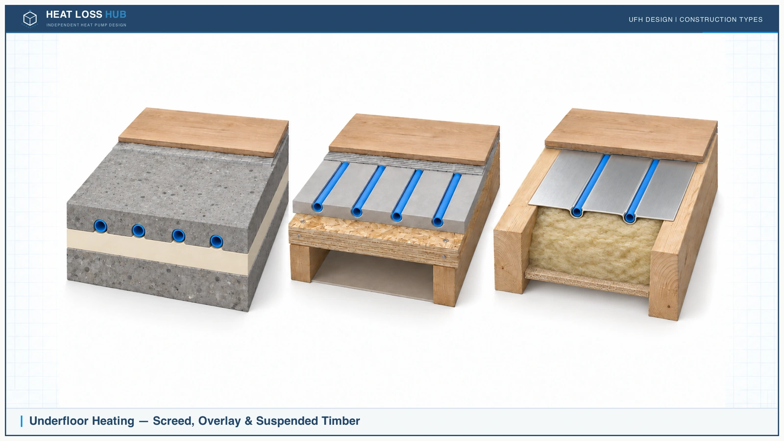 Comparison of screeded, overlay and suspended-timber underfloor heating constructions.