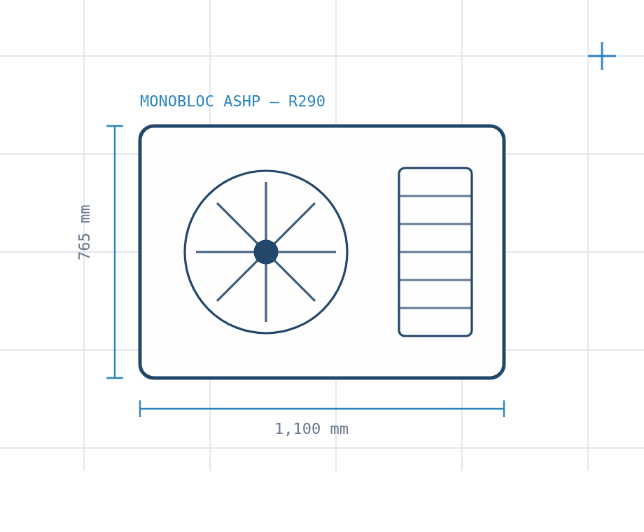 Technical drawing of a heat pump unit with dimension lines